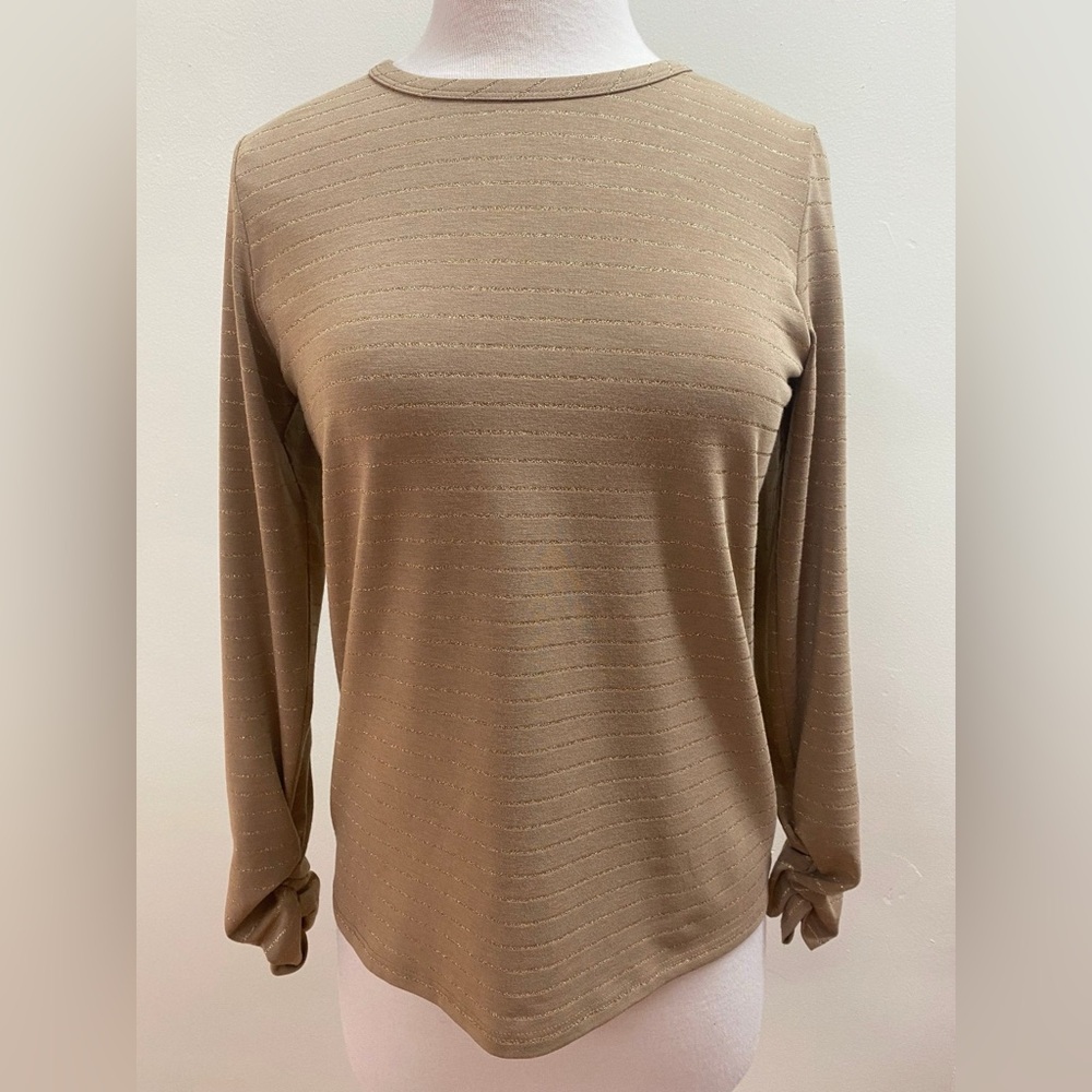 Elliott Lauren Camel Crew Neck Top w/ Gold Metallic Stripes